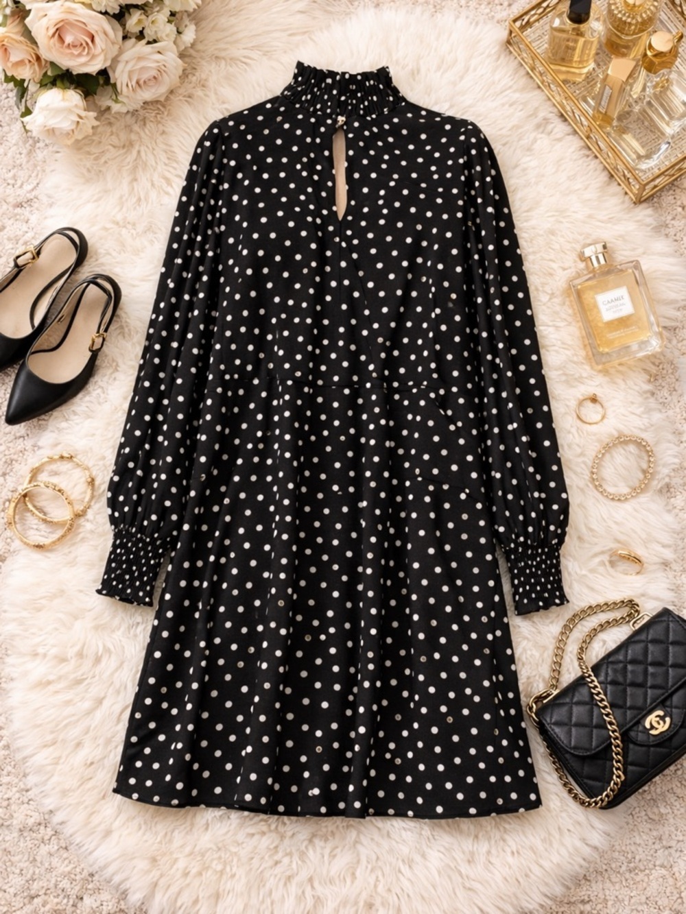 Tommy Hilfiger Chiffon Black Long Sleeve Gold Metallic Dot Mini Dress NWT Size 2